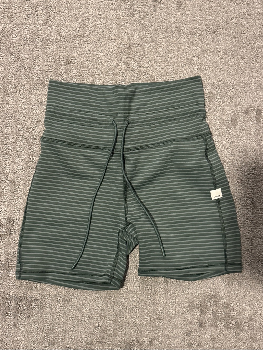 Vuori Striped High-Waist Active Shorts in Sage Green
